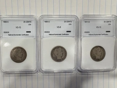 ¡¡Lote graduado de cuartos de barbería!! Bonito lote de monedas 05-S, 05-O & A 1911-S Foto 1 de 4