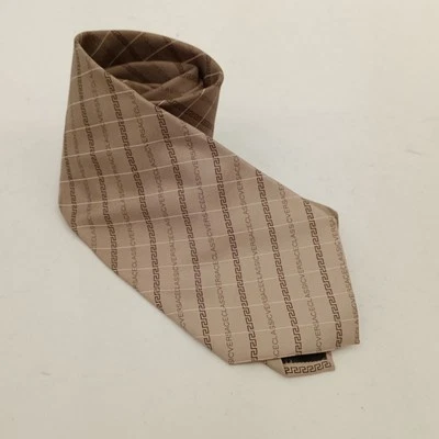 Corbata clásica de seda pura de Versace para hombre en marrón beige estampado de logotipo de Versace muy apreciada Foto 1 de 4