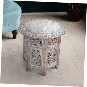 Hand Carved Vintage Boho Folding Side Table, Solid Wood End Coffee Table - Picture 1 of 7