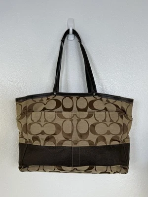 Coach Signature Brown Canvas Leather Trim Stripe Double Handle Tote Shoulder Bag - Image 1 of 4