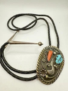Dorothy Secatero Native American Sterling Coral Turquoise Bolo Tie Leather 20”L - Bild 1 von 19