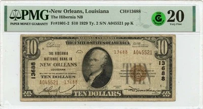 1929 Ty.2 $10 Hibernia NB of New Orleans LA CH#13688 PMG VF20 GCC Green - Image 1 of 2