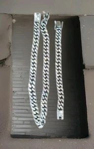 Men's Silver Cuban Link Chain Necklace and Bracelet Set 2Pcs Iced Out Bling - Bild 1 von 13