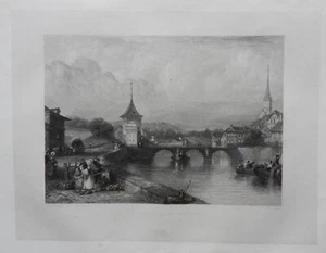 PONT ET ENTRÉE DE BERNE . , Suisse, Gravure ancienne XIXè, ENGRAVING *D24* - Picture 1 of 2