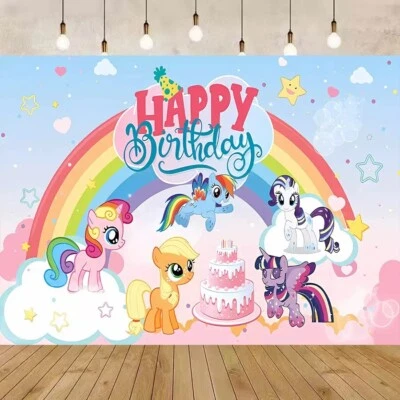 Telón de fondo de feliz cumpleaños My Little Pony 5x3,5 pies, para decoración de fiesta de cumpleaños para niños Foto 1 de 4