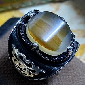 AAA 925 sterling Silver ring Natural yemen Agate Aqeeq al kabba عقيق مصور الكعبة - Picture 1 of 16