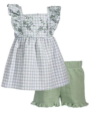 NUEVO Bonnie Jean Niña Talla 7 "VERDE MARFIL CUADROS" Seersucker Top Gasa Pantalones Cortos Nuevos con Etiquetas Foto 1 de 4