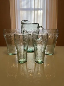 Set brocca e occhiali vintage in vetro ciottolato verde da collezione Coca Cola 2 taglie! - Foto 1 di 21