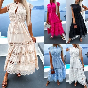 Womens Boho Maxi Dress Patchwork Lace Summer Holiday Beach Party Long Dress - Picture 1 of 23