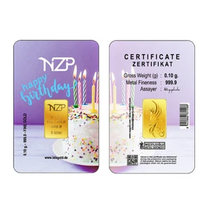 Gold Bars 0.1g Gram, Happy Birthday (NZP Gold Bars Birthday Gift) NEW - Picture 1 of 3