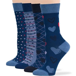 Women Bamboo Patterned Dress Crew Socks Medium 4 Pack Hearts Stripes Blue Navy - Picture 1 of 12