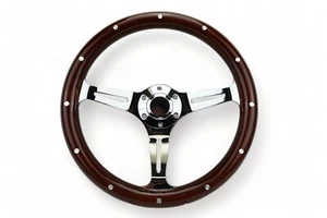 14" Slotted 3 Spoke Steering Wheel Dark Wood Riveted Grip, 6 Hole Chevy Ford GMC - Picture 1 of 9