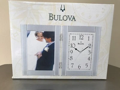  Bulova B1275  Hinged Brushed aluminum case Picture Frame Clock 3.5x 5 Photo NIB - Image 1 of 4