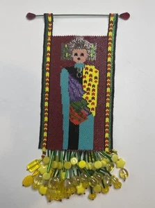 Handmade Beaded Wall Hanging Frida Kahlo Style Art Yellow Beads Folk Decor - Picture 1 of 7