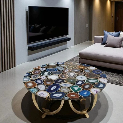 Natural Wild & Blue Agate Coffee Table – Handmade Gemstone Round Side Table - Image 1 of 4