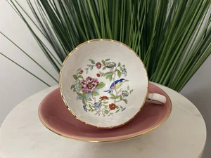 Aynsley Tea Cup & Saucer Pink Pembroke Floral Bird Fine Bone China VTG England - Picture 1 of 10