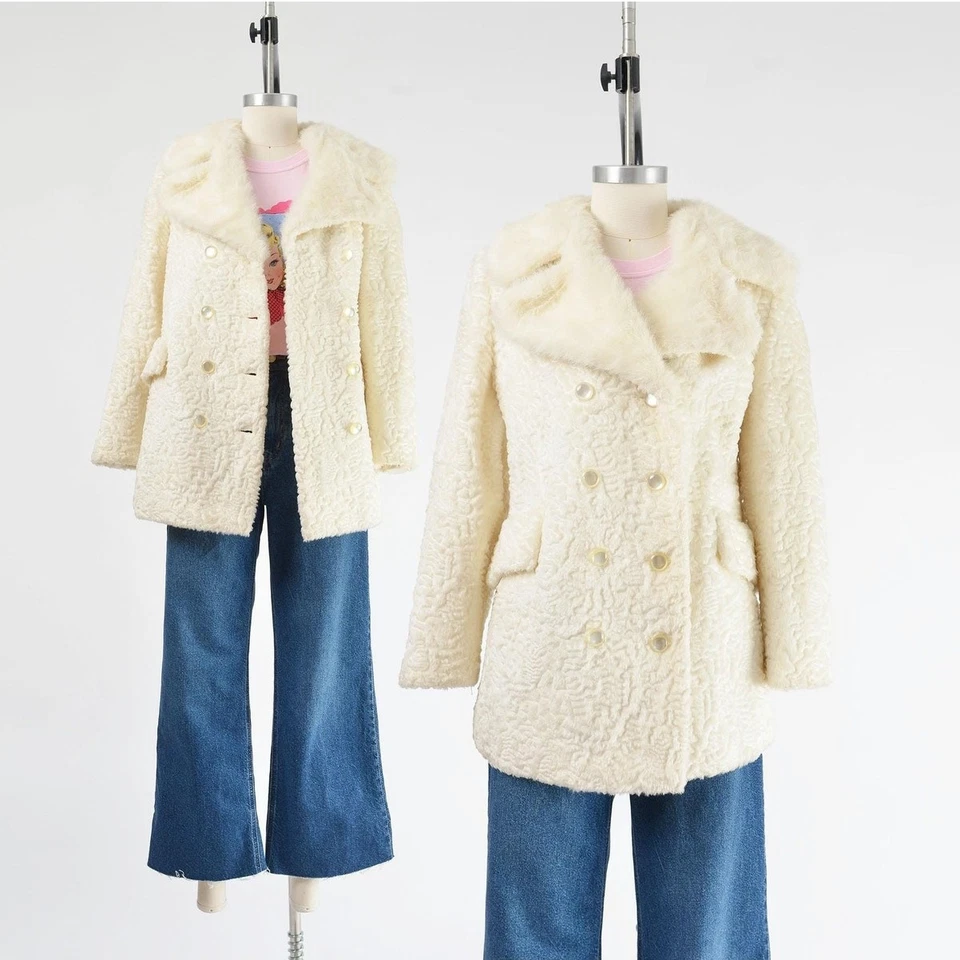 Chaqueta Retro Mod Cordero Persa Piel Sintética Crema Años 60 Abrigo Doble Pecho Foto 1 de 4