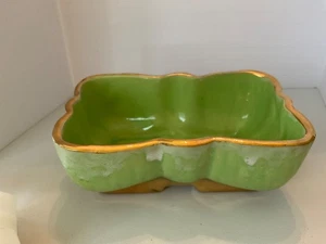 Vtg Ungemach Inc USA Green Pottery Planter Dish with 23 Karat Gold Trim - Picture 1 of 3