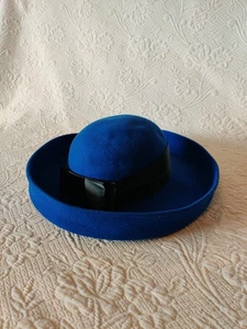 Vintage 100% Wool Blue Hat Black Band Bow Doeskin Felt Bollman & Co Made In USA - Bild 1 von 7