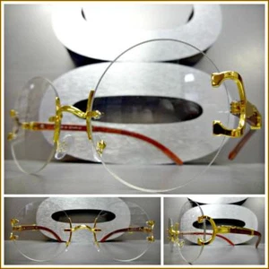 Men's Vintage Retro Style Round Clear Lens EYE GLASSES Rimless Gold & Wood Frame - Picture 1 of 7