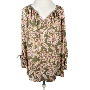 Belle Kim Gravel Boho Free Spirit Blouse Olive Dusk Paisley Peasant Top Size 1X - Picture 1 of 9