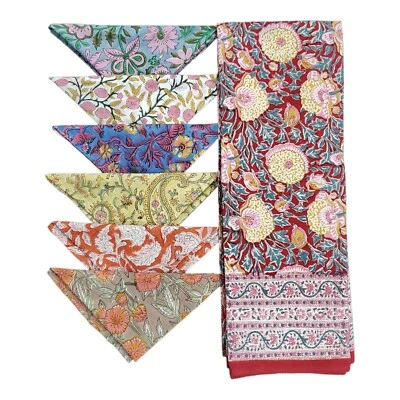 Indian Hand Block Print Tablecloth Red Kitchen Linen 100%Cotton with 6 Napkins - Image 1 of 4