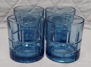 Anchor Hocking Tartan DENIM BLUE Whiskey Rocks Old Fashion Glasses Set Of 4 VTG - Picture 1 of 7