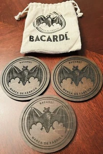 New Collectible BACARDI Set of 3 Wood Coasters with Logo Carrying Pouch - Picture 1 of 4