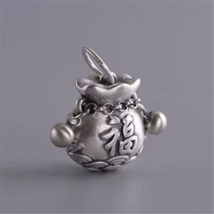 Ciondolo campanella borsa Fu portafortuna argento fine 999 puro S999 uomo donna 22*15 mm - Foto 1 di 5