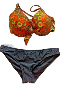 Moontide 32E/F/XL Black/Multicoloured Floral Underwire Padded Bandeau Bikini Set - Picture 1 of 7