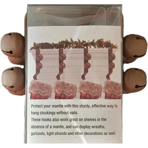 Christmas Mantle Stocking Holder Brown Rustic Metal Jingle Bells Holiday 4 Pack - Picture 1 of 4