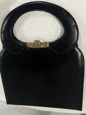 Vintage 60s Mod Black Leather Structured Purse Brass Kiss Lock VTG 13.5 Tall - Image 1 of 4