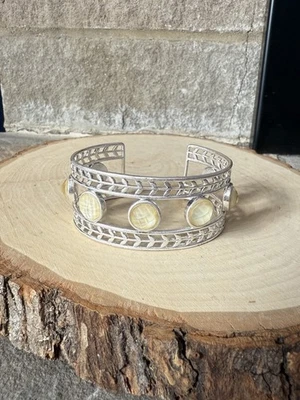 Signed Lucky Brand Cream Faceted Acrylic Stones Silver Tone Metal Cuff Bracelet - Image 1 of 4