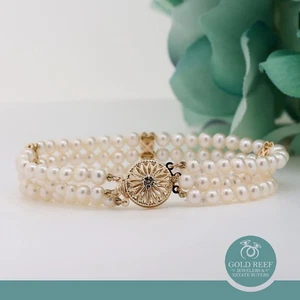 Vintage 3-Strand Pearl Diamond Bracelet 14K Yellow Gold 7.25" Ladies Estate - Picture 1 of 10