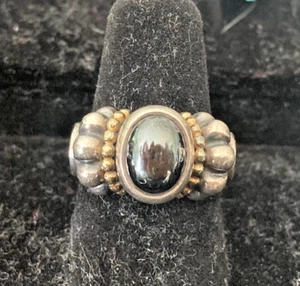 RARE Vintage Lagos Caviar Sterling & 18K Beaded Hematite Dome Ring, Size 8 - Picture 1 of 10