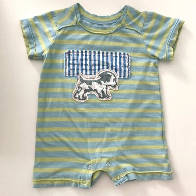 Parche de huevo rojo y jengibre azul a rayas cachorro perro primavera/verano mameluco 12 meses Foto 1 de 4