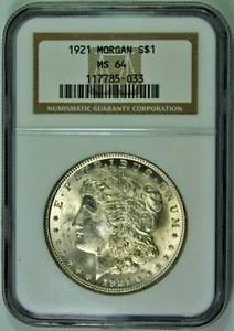 1921 MORGAN SILVER DOLLAR S$1 COIN. NGC GRADED: MS 64. CERT: 117785-033. DAMAGE. - Picture 1 of 2