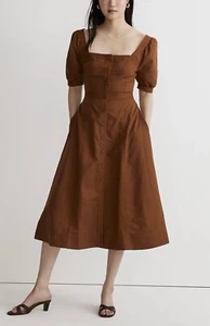 MADEWELL Briar Puff Sleeve Button Down Midi Dress Warm Coffee NWT Cottagecore 2 - Picture 1 of 8
