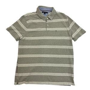 Tommy Hilfiger Polo Shirt Slim Fit Striped Grey Mens XL Short Sleeve 100% Cotton - Picture 1 of 10