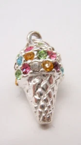 STERLING SILVER CHARM ICE CREAM CONE JEWELED - Picture 1 of 3
