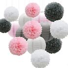 15 Piece Hanging Party Decor Pom Poms Pink Gray, Bridal, Baby Shower, Party, New