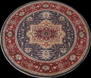 Round Rug 8x8 ft.Navy Blue Heriz Serapi Indian Oriental Handmade Wool Carpet