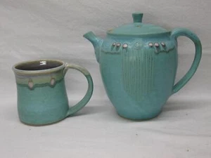 Hodaka Hasebe Tea Pot & Mug Hand Thrown Ny Studio Art Pottery Vintage Turquoise - Picture 1 of 7
