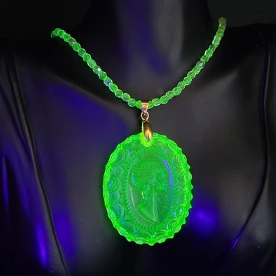 Uranium Necklace 22'' Cameo Pendant Vaseline Glass Czech Beads Women`s Jewelry - Image 1 of 4