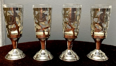 4 vasos de chupito cordial mexicanos florales rosa superpuestos de plata de ley Foto 1 de 4