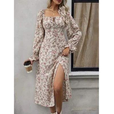 Shein Floral Milkmaid Romantic Babydoll Maxi Dress Sz XS Lightweight Front Slit - Image 1 of 4