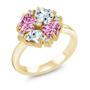 18K Yellow Gold Plated Silver Ring Pink Moissanite and Aquamarine (1.91 Cttw) - Picture 1 of 3