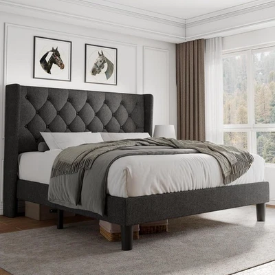Queen Size Platform Bed Frame with Button Tufted Headboard Upholstered Bed Frame - Image 1 of 4
