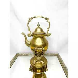 Tetera antigua de latón con soporte, tetera grabada de latón con soporte de calentamiento - Imagen 1 de 7