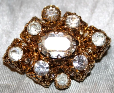 Vintage Austria Filigree Brooch Dress Jewelry 30 Clear Rhinestones - Image 1 of 4